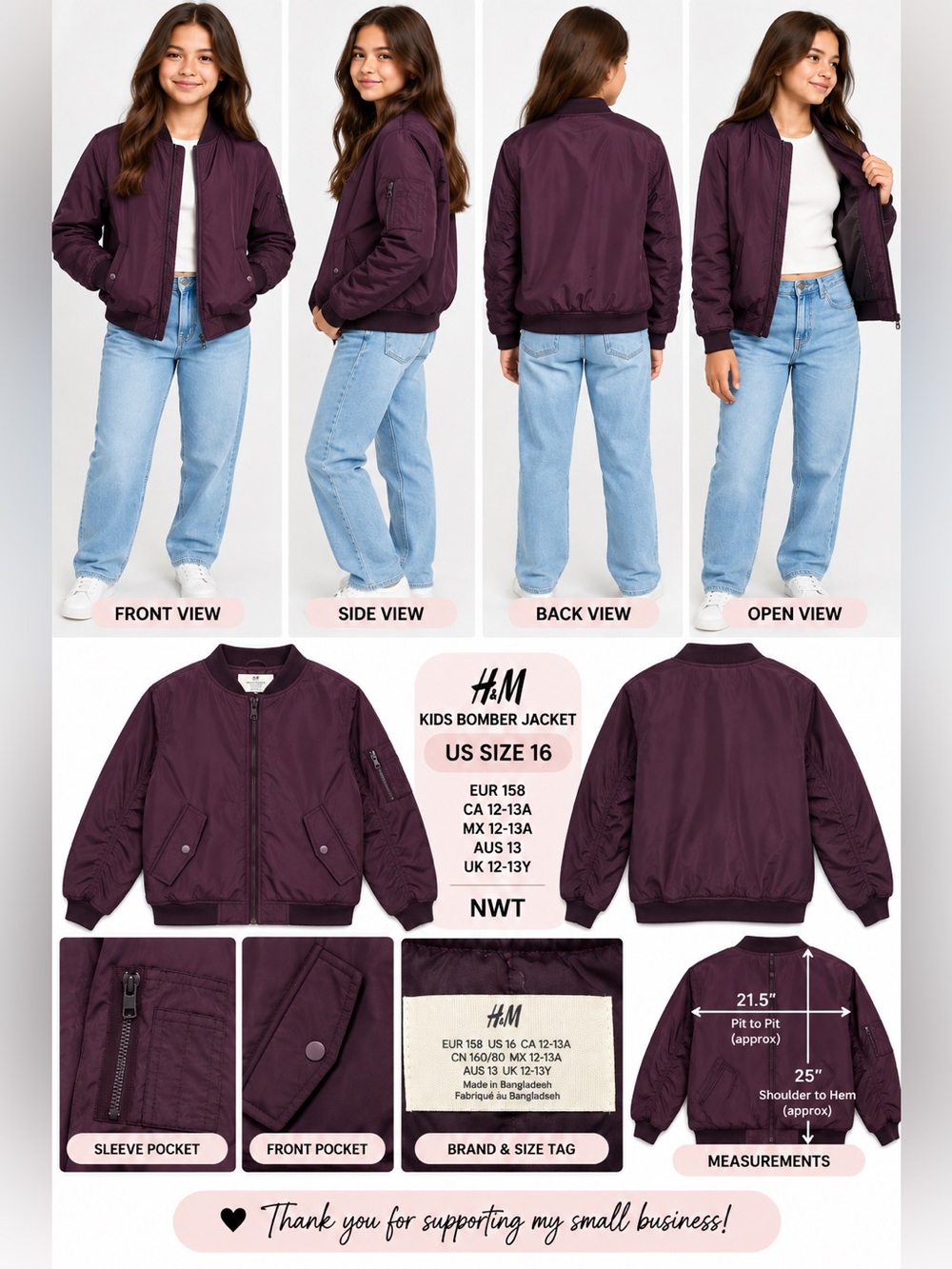 H&M Kids Bomber Jacket Purple Plum Size 16 MA-1 NWT